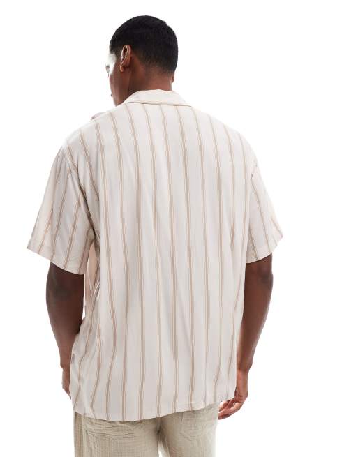 JJ Rebel camp collar short sleeve shirt with stripes in beige, 4 of 4