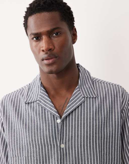 JJ Rebel co ord seersucker shirt in stripe navy, 3 of 5