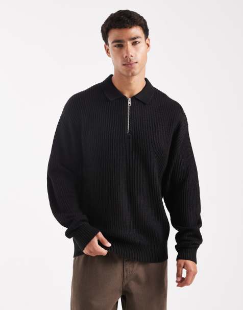 JJ Rebel oversize knitted polo in black