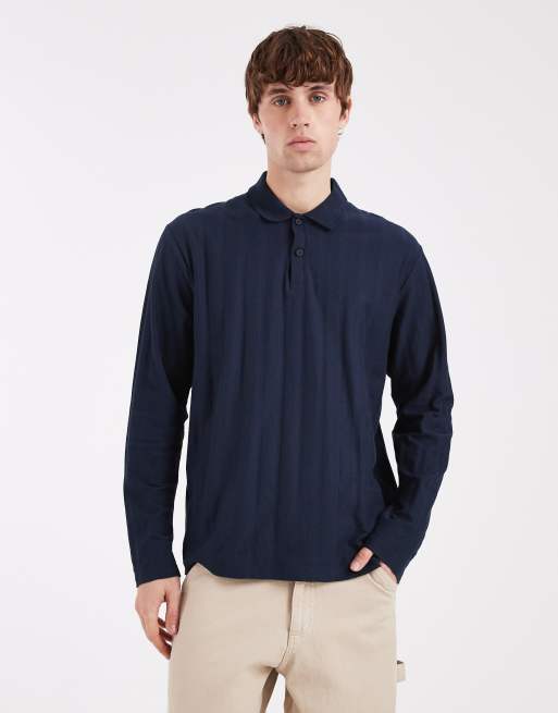 JJ Rebel – Fakturowana granatowa koszulka polo z długimi rękawami