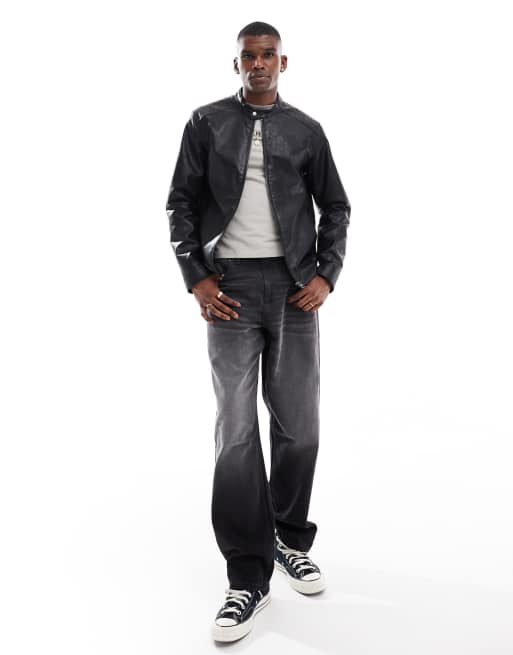 JJ Rebel faux leather racer jacket in black, 2 of 4