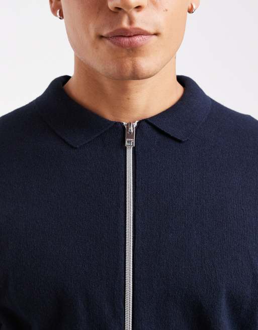 JJ Rebel - Gebreide polo met ritssluiting in marineblauw, 5 van 5