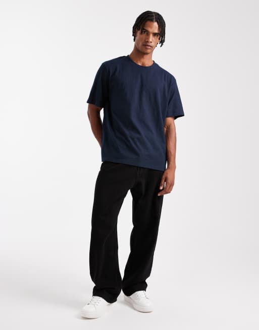 JJ Rebel - Geribbeld T-shirt in marineblauw, 3 van 5