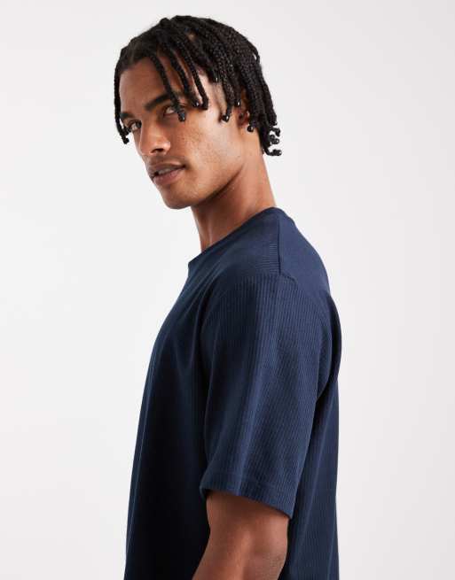 JJ Rebel - Geribbeld T-shirt in marineblauw, 4 van 5