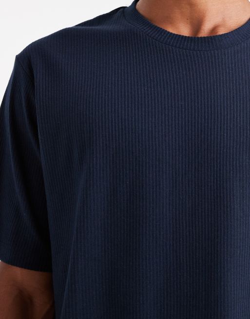 JJ Rebel - Geribbeld T-shirt in marineblauw, 5 van 5