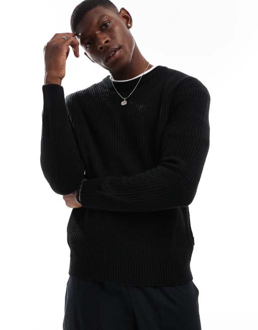 JJ Rebel – Gerippter Pullover in Schwarz mit Rundhalsausschnitt 
