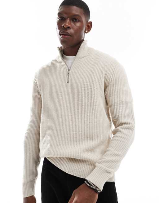 JJ Rebel – Gerippter Strickpullover in Beige mit kurzem Reißverschluss