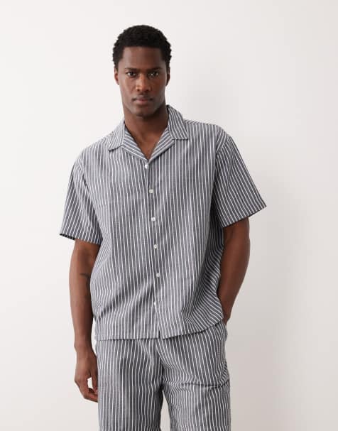 JJ Rebel - Gestreept seersucker overhemd in marineblauw, deel van co-ord set - view 1