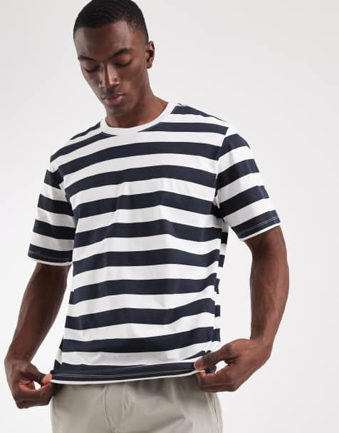 JJ Rebel – Gräddvit och marinblå t-shirt i regular fit med randigt mönster - view 1