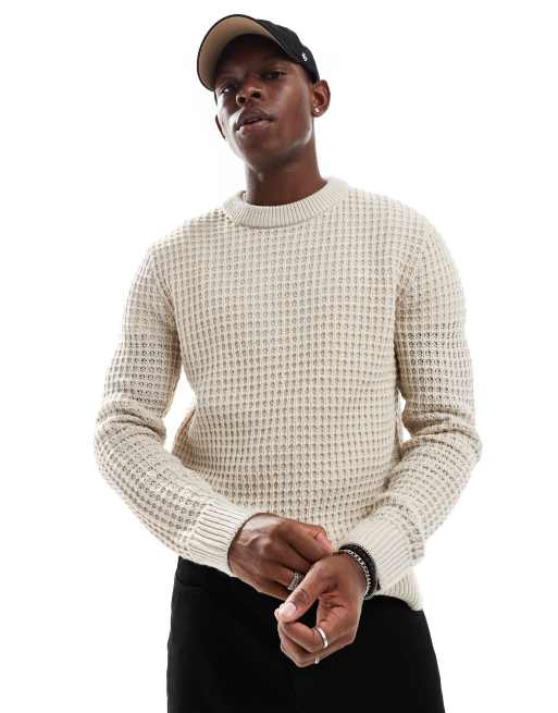 JJ Rebel – Grob strukturierter Pullover in Beige mit Rundhalsausschnitt 