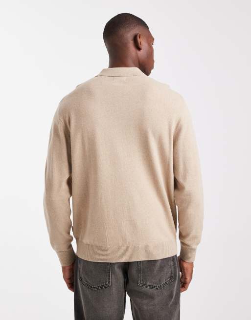 JJ Rebel half zip knit polo sweater in beige ASOS