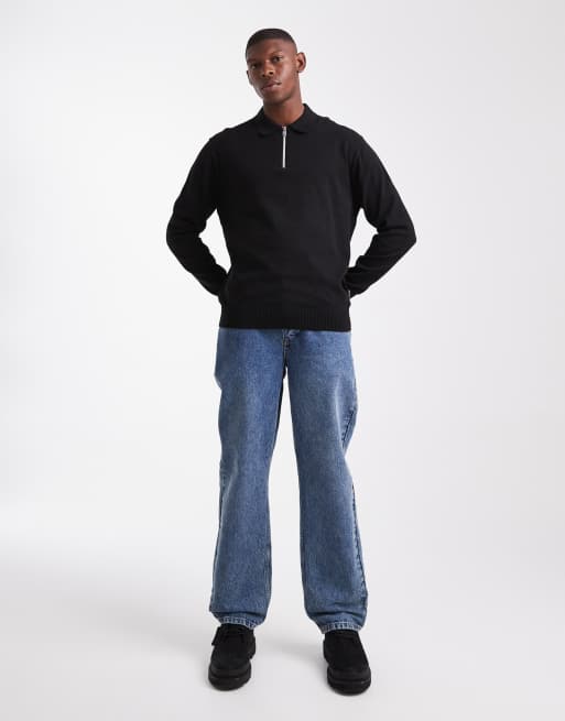JJ Rebel half zip knit polo sweater in black | ASOS