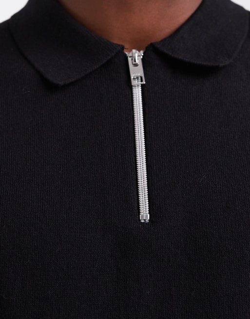 JJ Rebel half zip knit polo sweater in black | ASOS