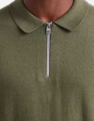 JJ Rebel half zip knit polo sweater in khaki | ASOS