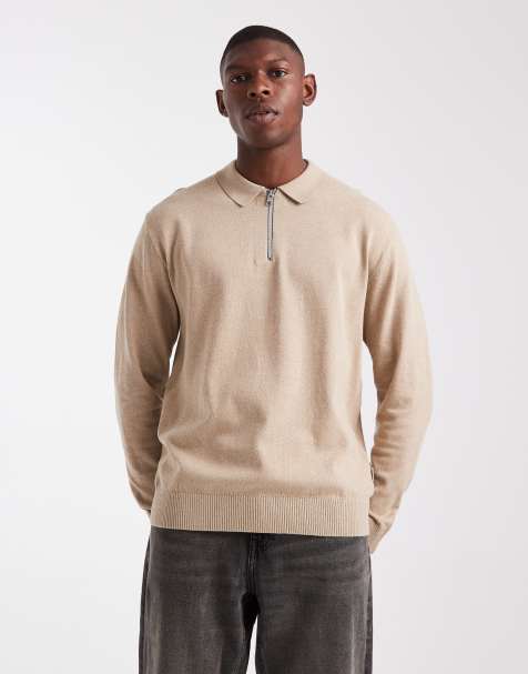 JJ Rebel half zip knitted polo jumper in beige - view 1