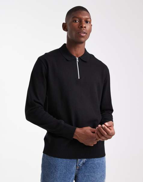 JJ Rebel half zip knitted polo jumper in black