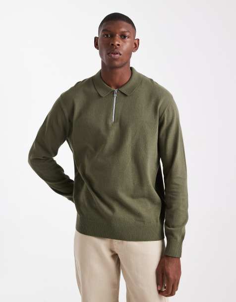 JJ Rebel half zip knitted polo jumper in khaki - view 1