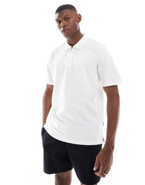 JJ Rebel half zip polo in texture cream - view 1