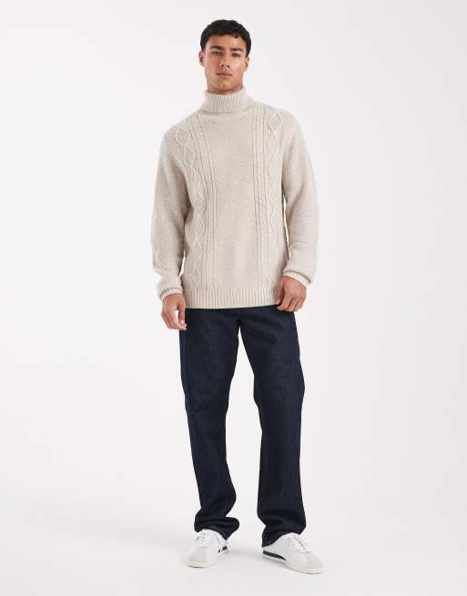 JJ Rebel - Kabelgebreide coltrui in beige, 2 van 5