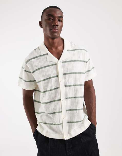 JJ Rebel knit button down shirt with stripes in cream - view 1