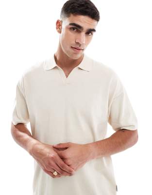knit split neck polo shirt in cream-White