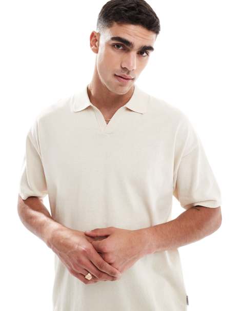 JJ Rebel knit split neck polo shirt in cream - view 1