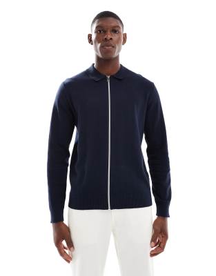knit zip up polo in navy