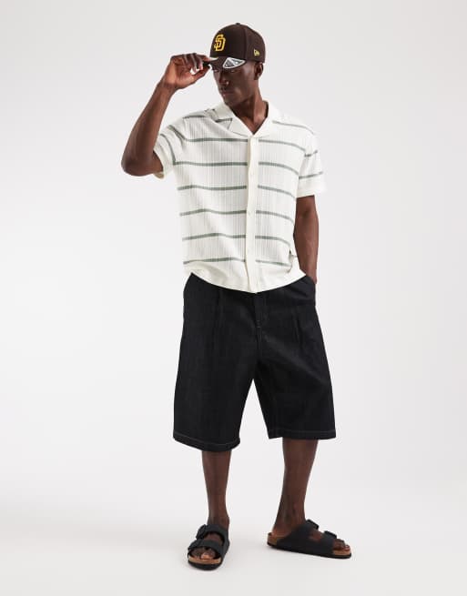 JJ Rebel knitted button shirt with stripe in cream, 2 of 5