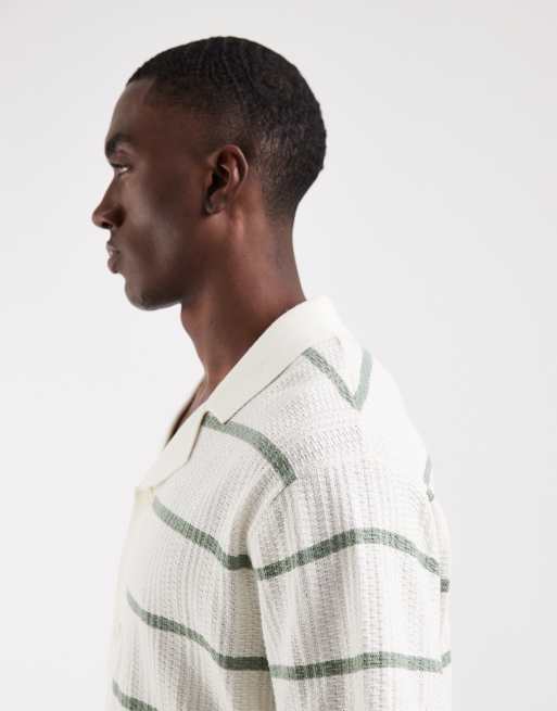 JJ Rebel knitted button shirt with stripe in cream, 3 of 5