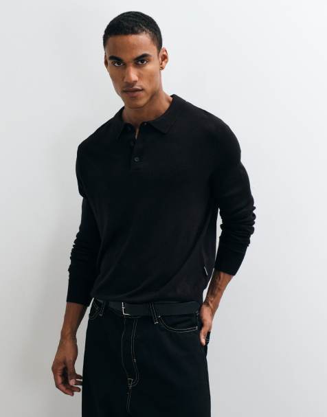 JJ Rebel knitted long sleeve polo in black