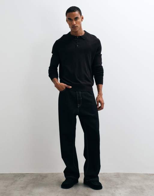 JJ Rebel knitted long sleeve polo in black, 3 of 5