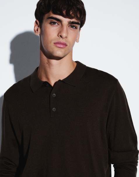 JJ Rebel knitted long sleeve polo in dark brown