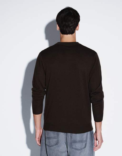 JJ Rebel knitted long sleeve polo in dark brown, 4 of 5