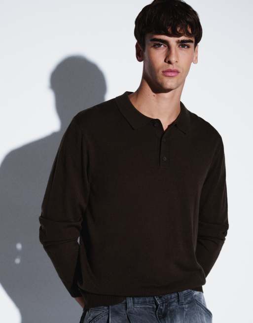 JJ Rebel knitted long sleeve polo in dark brown, 5 of 5