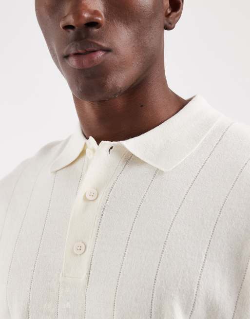 JJ Rebel knitted ribbed polo in off white, 3 of 5