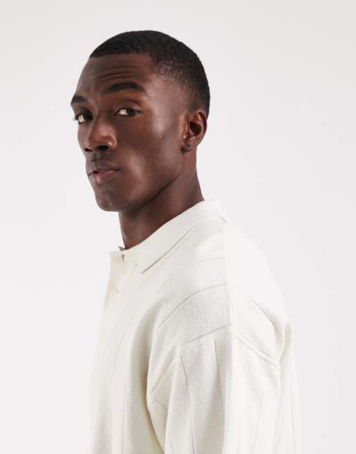 JJ Rebel knitted ribbed polo in off white, 4 of 5