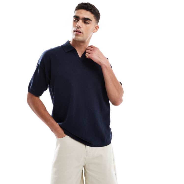 JJ Rebel knitted split neck polo in navy | ASOS