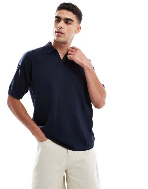 JJ Rebel knitted split neck polo shirt in navy - view 1