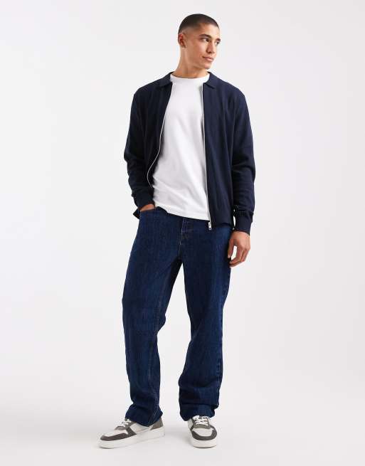 JJ Rebel knitted zip through polo in navy, 2 of 5