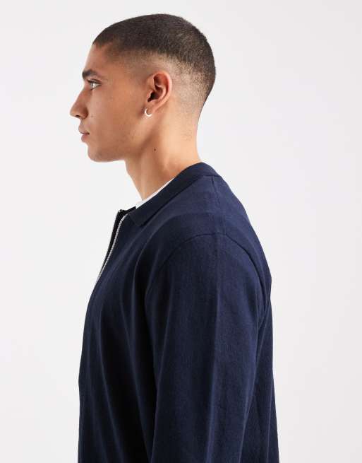 JJ Rebel knitted zip through polo in navy, 4 of 5