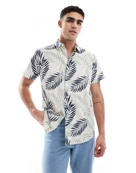JJ Rebel palm print short sleeved shirt in off white