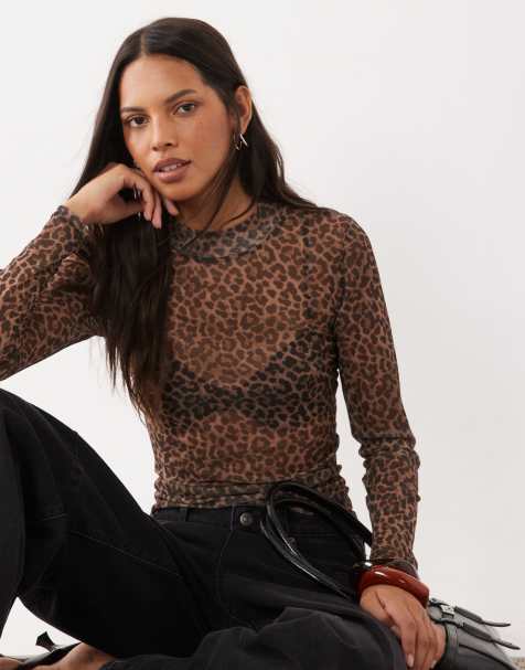 JJ Rebel långärmad mesh-topp med leopardmönster i beige - view 1