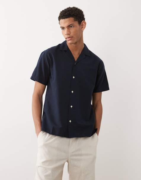 JJ Rebel linen mix short sleeve shirt in navy - view 1