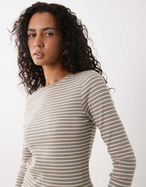 JJ Rebel long sleeve striped top in beige & white, 4 of 4