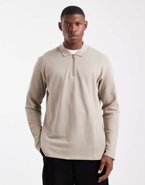 JJ Rebel long sleeve textured polo in beige - view 1