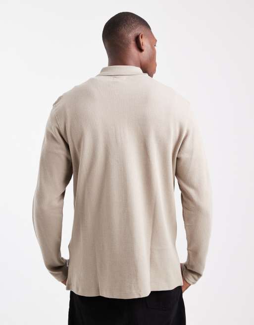 JJ Rebel long sleeve textured polo in beige, 3 of 5