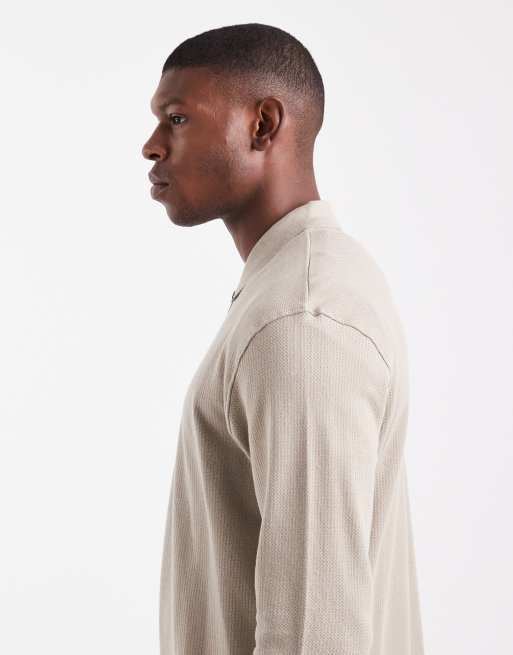 JJ Rebel long sleeve textured polo in beige, 4 of 5