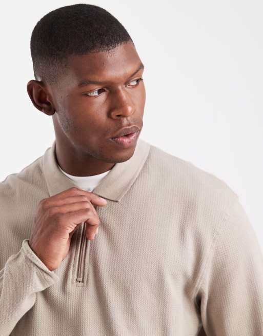 JJ Rebel long sleeve textured polo in beige, 5 of 5