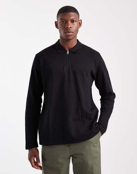 JJ Rebel long sleeve textured polo in black - view 1