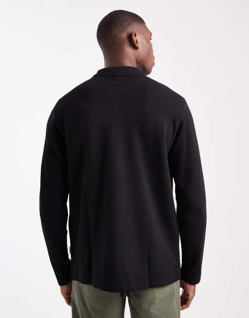 JJ Rebel long sleeve textured polo in black, 3 of 5